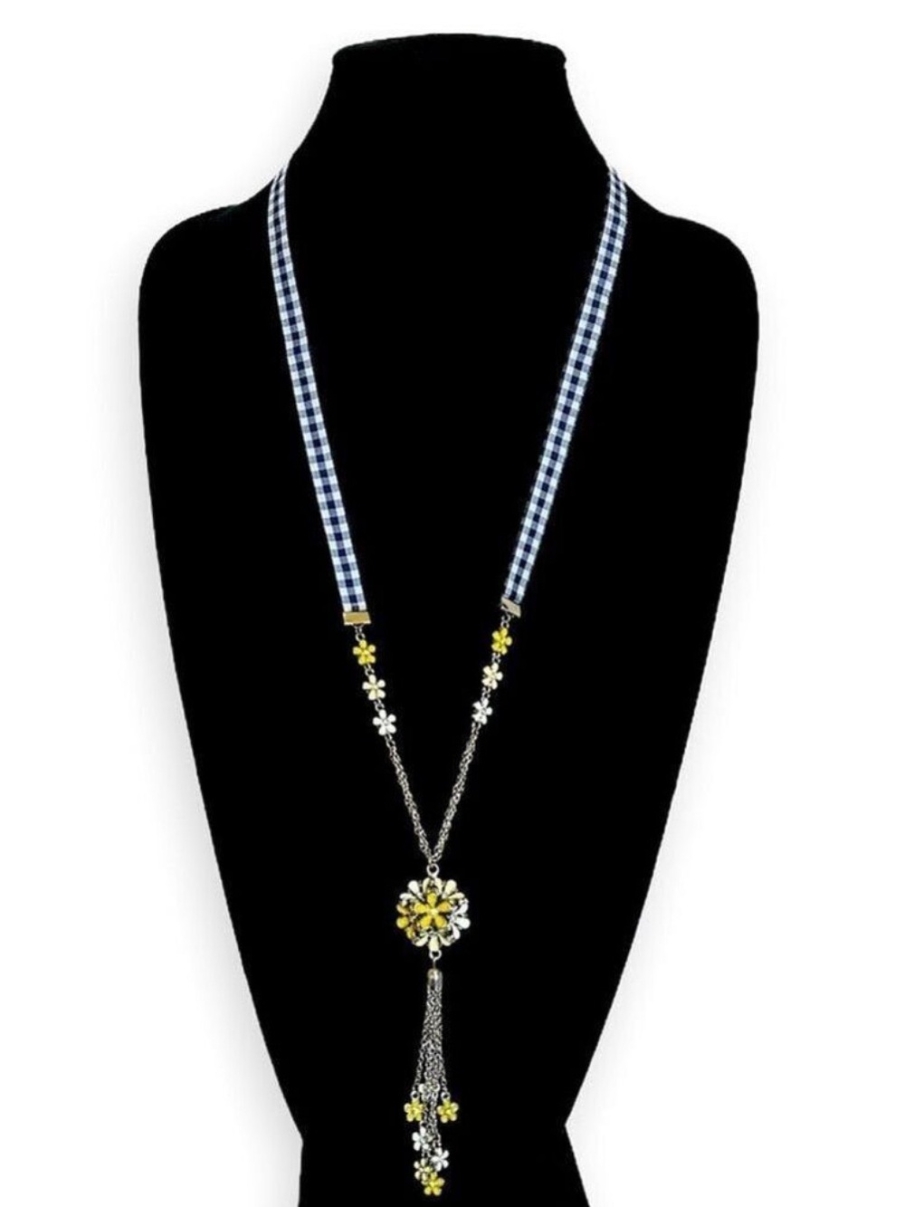 TALBOTS | Blue Gingham w/ Yellow & White Daisy Lariat Necklace | NWOT